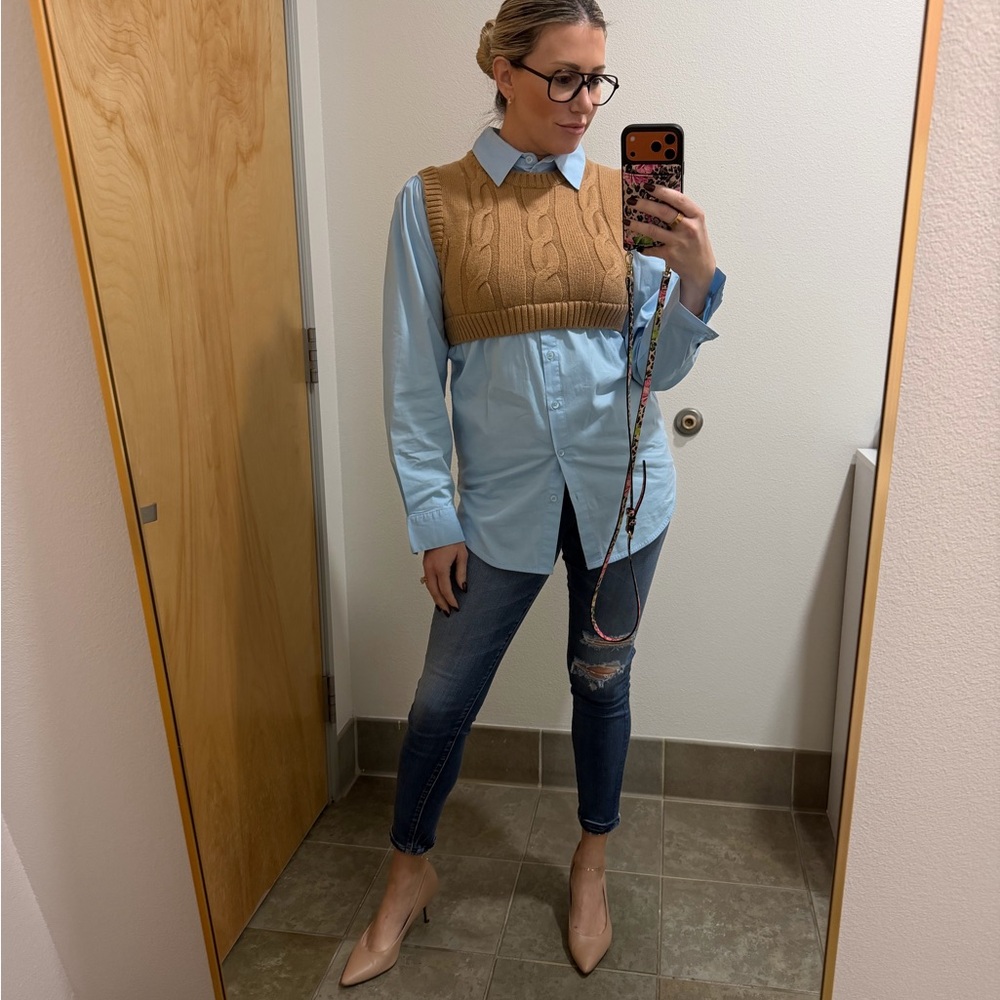Staud Tan Cable Knit Vest with Blue Shirt